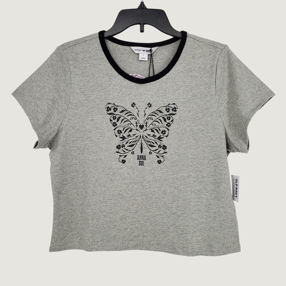 Old Navy x Anna Sui Butterfly Graphic Ringer T-Shirt Large Gray 100% Cotton New